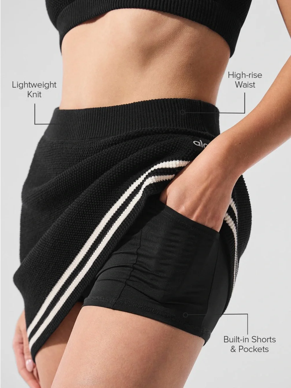 ALO Yoga Black Knit Skirt with White Stripe